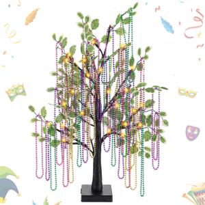 Huquary Mardi Gras Bead Tree Decor 23.6 Inch Lighted Tabletop Birch Tree with 20 Mardi Gras Beads Purple Gold Green for Fireplace Mantel Table Centerpiece Carnival Events Party Decoration