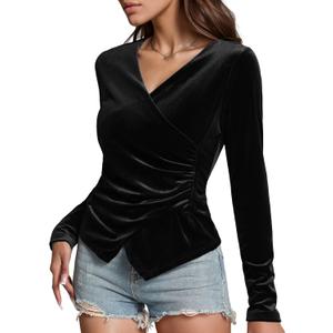 Women's Velvet Wrap Top, Wrap V Neck Ruched Asymmetrical Long Sleeve Slim Fit Dressy Blouse (Black)