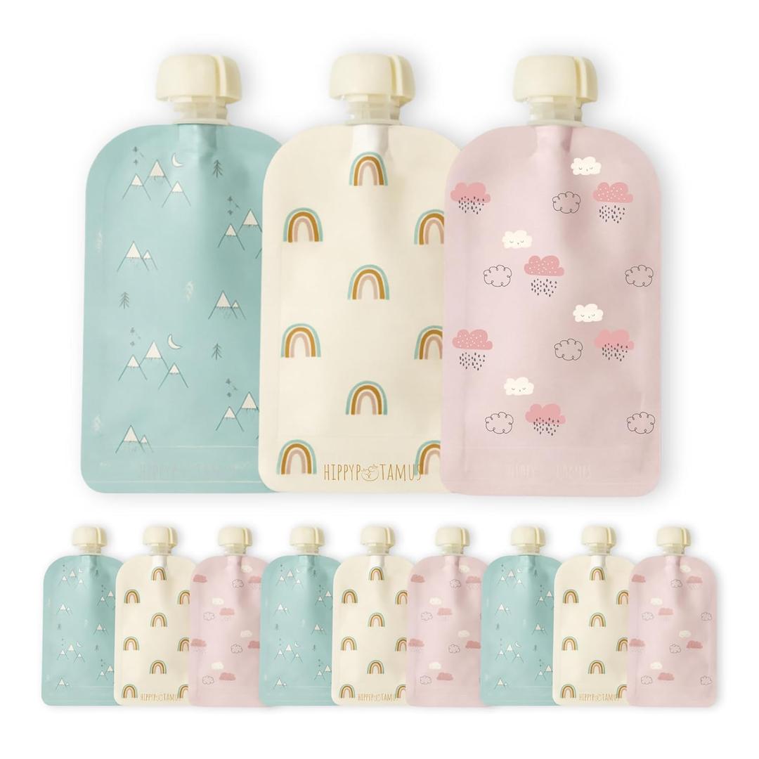 Hippypotamus Reusable Baby Food Pouches for Toddlers - BPA Free Food Grade - Dishwasher & Freezer Safe - Baby Food Containers - Refillable Squeeze Pouch For Applesauce & Yogurt - 12 Pack (Rainbows) (SAGE / BLUSH / NUDE)