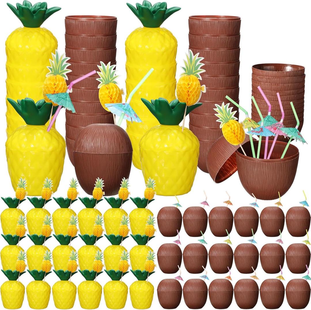 Amyhill 60 Pcs Coconut Pineapple Cups with 60 Umbrella Straws and 60 Cocktail Drink Picks Hawaiian Luau Tiki and Beach Party Decorations Plastic Drink Cups Set for Summer Supplies Adults