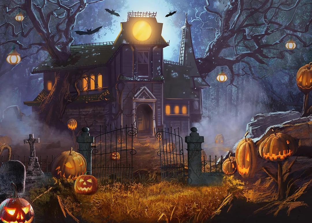 7x5ft Halloween Photography Backdrop Full Moon Scary Night Castle Pumpkins Party Background Spooky Witch Bats Cemetery Child Kids Halloween Party Decorations Photoshoot Backdrops