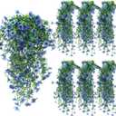 6 Pcs Spring Artificial Hanging Flowers Outdoor Faux Silk Mum Plant Decor Violet with Eucalyptus Realistic UV Resistant Trailing Vine Spring Porch Yard(Light Blue,Violet)
