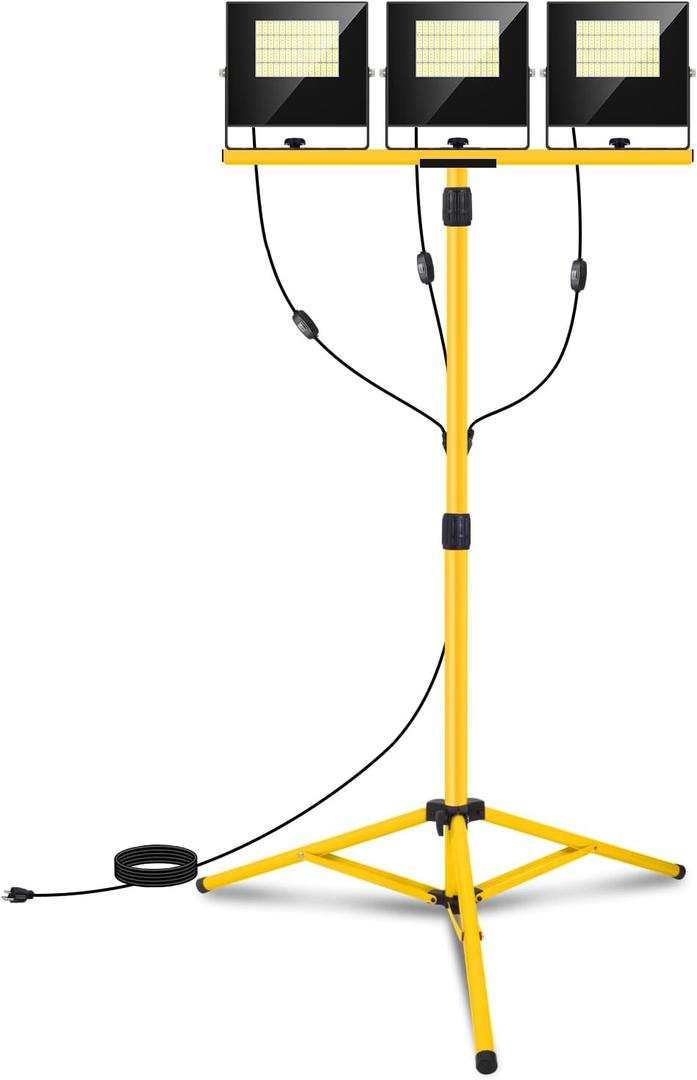 36000 Lumen Work Lights with Stand, 3 Adjustable Head LED Work Light with Adjustable and Foldable Tripod Stand, IP67 Waterproof Lamp Individual Switch with 16FT Cord for Outdoor Construction Lighting