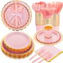 Ziliny 350 Pcs Light Pink Plates and Napkins Party Supplies for Guests Woodland Baby Shower Tableware Include Scalloped Plates Paper Napkin Cup Spoon Fork Knife for Wedding, Birthday