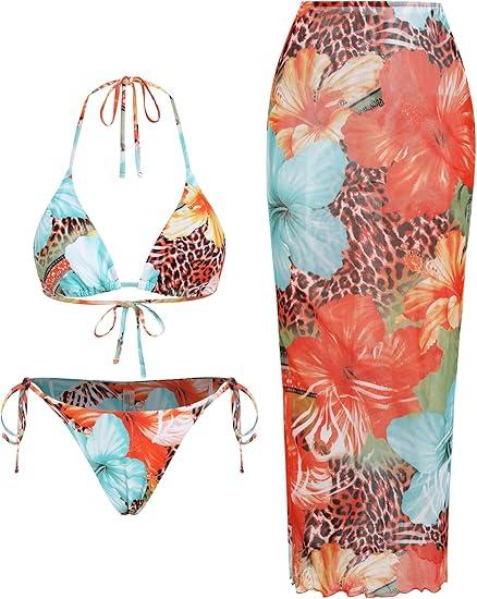 ZAFUL Womens 3pcs Swimsuit Floral Halter Triangle Bikini Top Tie Side Bottom with Long Sheer Cover Up Skirt, Small
