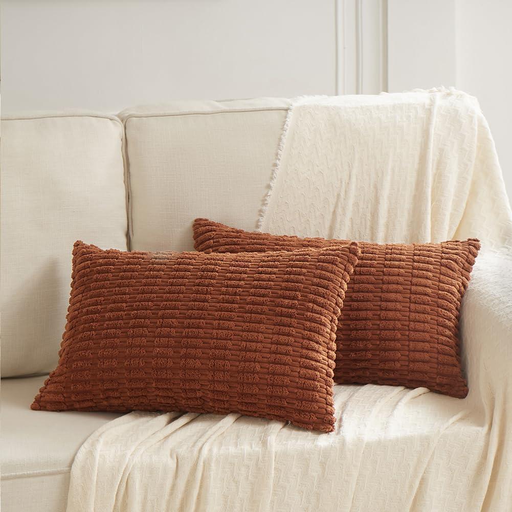 Fancy Homi 2 Packs Rust Lumbar Decorative Throw Pillow Covers 12x20 Inch for Living Room Couch Bedroom, Soft Corduroy Rectangle Solid Cushion Case 30x50 cm, Terracotta Rustic Farmhouse Boho Home Decor