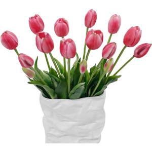15 Pcs Deep Pink Artificial Tulips Fake Flowers, Premium Latex Lifelike Texture, UV Resistant Waterproof Faux Tulip Bouquets with Snap-on Petals for Outdoor, Home, Wedding Decor