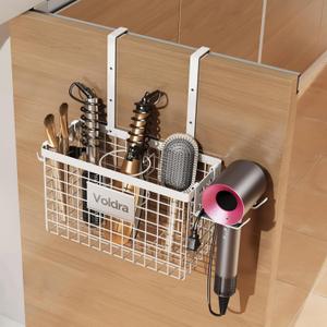Voldra Hair Dryer Holder Cabinet Door, Adhesive Hair Tool Organizer Wall Mount Adjustable Height Blow Dryer Holder Under Sink/Countertop for Flat Curling Iron, Hair Brush and Straightener (1, White)