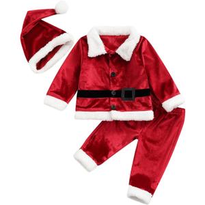 MOBJVIY Christmas Baby Red Santa Costume LongSleece Jacket Coat Long Pant With Hat Outfits (12-18 Months)