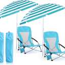Huwena 2 Pack Beach Chair for Adult with 2 Umbrella Low Folding Chair Detachable Adjustable Lightweight with Armrests Cup Holder Carry Bag Portable for Sand Camping Travel Outdoor Pool (Blue)