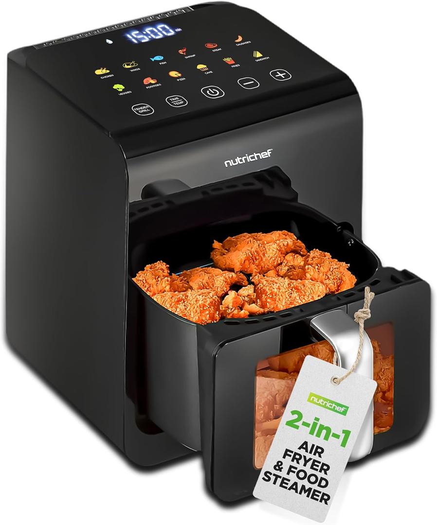 NutriChef 6 Liter Electric Air Fryer & Food Steamer Function | 12-1 Preset Cooking Functions, Fries, Chicken, & More | Transparent Window & Food Steaming option for Best Cooking Results | Black (6.3 QT)