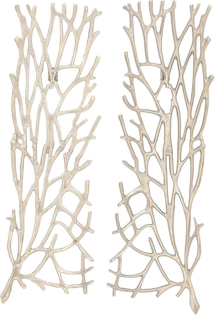 Deco 79 Aluminum Metal Coral Home Wall Decor Inspired Wall Sculpture, Set of 2 Wall Art 10"W, 34"H, Silver