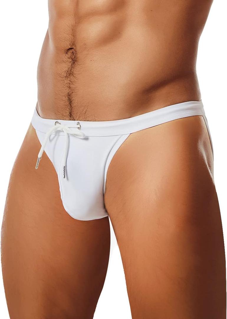 MIZOK Men's Sexy Low Rise Swimsuits Bikini Swimming Briefs Swimwear with Adjustable Drawstring (White, M)