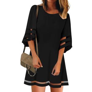 Women Summer Tunic Dresses Casual 3/4 Bell Sleeve Crewneck Mesh Panel Loose Shift Dress