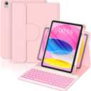 YBING Keyboard Case for iPad 11th Generation 2025 & 10th Generation 2022, 360 Rotating Magnetic Cover with 7-Color Backlit Wireless Detachable Keyboard with Pencil Holder for iPad A16 11" (Pink)