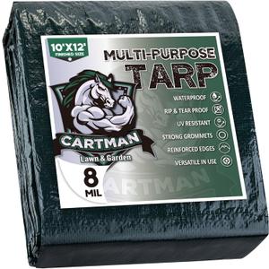 CARTMAN Finished Size 10x12 Feet Waterproof Green Tarp 8 Mil Thick, Multipurpose Protective Cover for Emergency Rain Shelter Camping Tarpaulin