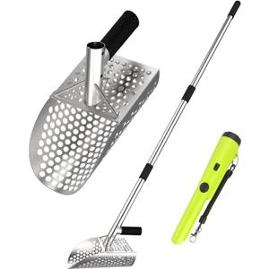 Long Handle Sand Scoop,with Metal Detector Pinpotiner,Stainless Steel Beach Metal Detecting Shovel for Adults, Ideal for Underwater Treasure Hunting,Beach SiftingExcavation Tools