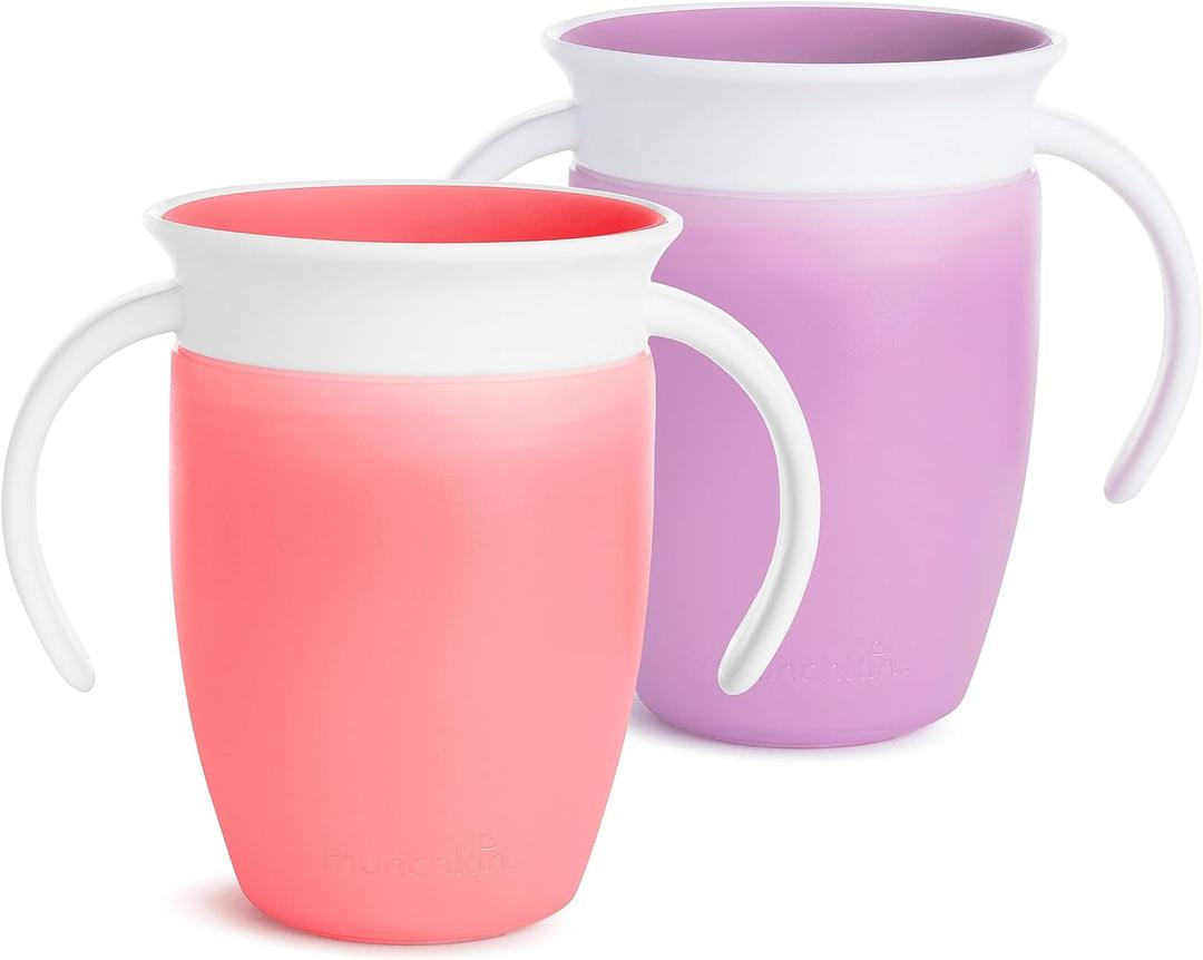 Munchkin Sippy Cup for 6 Month Old and Up, Spill Proof Miracle 360 Toddler Cups with Transition Handles, 7 Ounce, 2 Pack, Pink/Purple