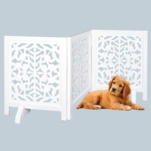 Free Standing Dog Gate  3 Panel Foldable Wooden pet gate Indoor 54" W x 24" H, Hand-Carved Solid Wood & MDF, Portable Indoor Gate for Doorways, Halls, Stairs  Fully Assembled_ White Antique
