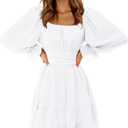 EXLURA Women's 2026 Casual Long Lantern Sleeve Dresses Square Neck Ruffle Tie Back Elastic Waist Aline Short Mini Dress, XL