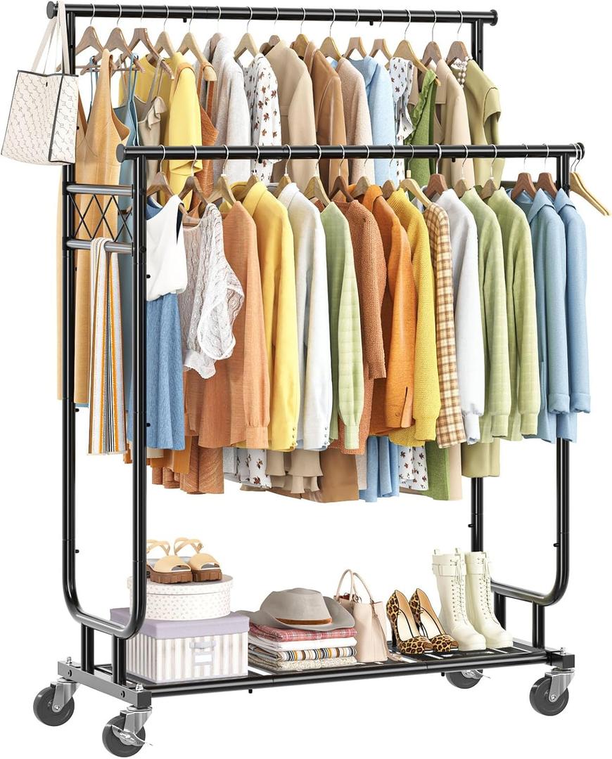 Ekisemio Clothes Rack Load 450LBS, Heavy Duty Clothing Rack with Wheels, Rolling Garment Racks for Hanging Clothes, Metal Hanging Racks for Clothes, Portable Closet with Shelves, Black