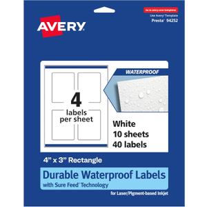 Avery Durable Waterproof Rectangle Labels, Sure Feed Technology, 4" x 3", 40 Total, Oil and Tear-Resistant Waterproof Labels, Print-to-The-Edge, Laser/Pigment-Based Inkjet Printable