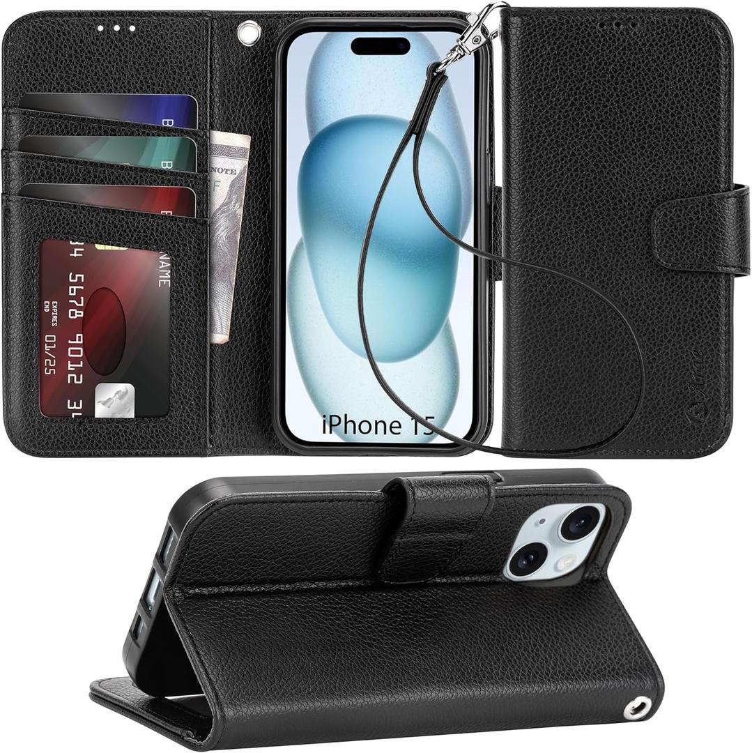 Arae Compatible with iPhone 15 Case with Card Holder and Wrist Strap Wallet Flip Cover for iPhone 15 6.1 inch Men/Women, Kickstand, Wristlet, RFID Blocking,Litchi Black