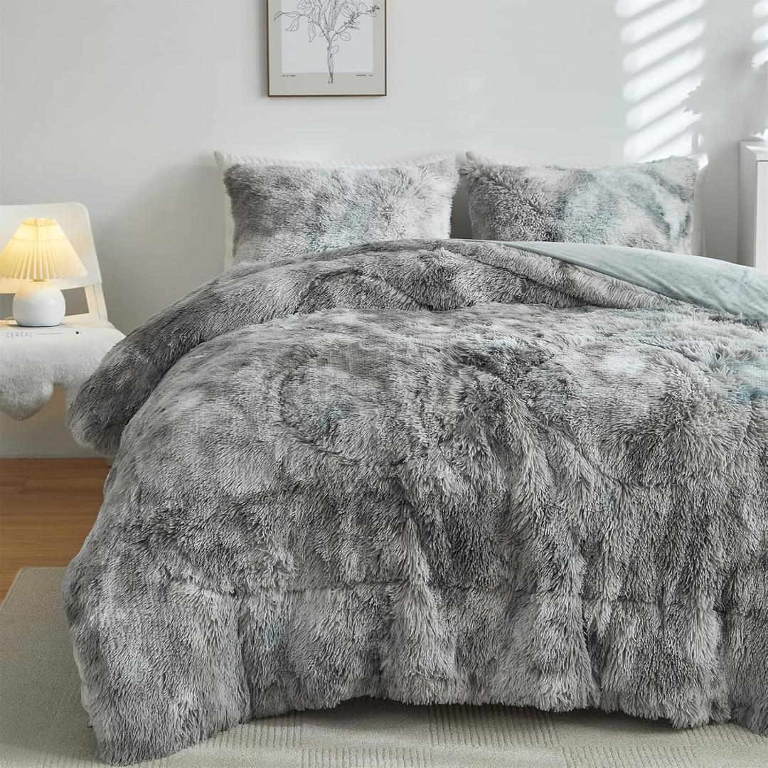 Wajade Faux Fur Plush White Comforter Set Fluffy Fuzzy Shaggy Bedding Set - 3PC Full/Queen Microfiber Soft Warm Quilt Set (Tie Dye Grey White, Full)