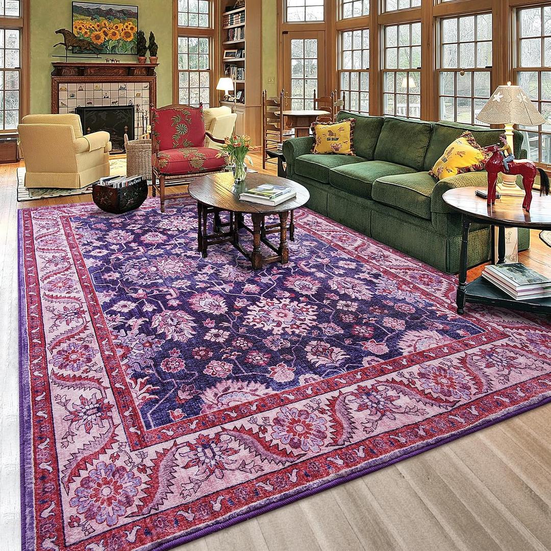 Area Rug for Living Room, 8x10 Area Rugs Washable, Retro Floral Non-Slip Carpet for Dining Room Home Office Nursery, Blue and Purple