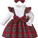 Noubeau Christmas Toddler Girl Plaid Dress Long Sleeve Bow Patchwork Rib Ruffled Shirts Dress Baby Xmas Outfit 6-9, M
