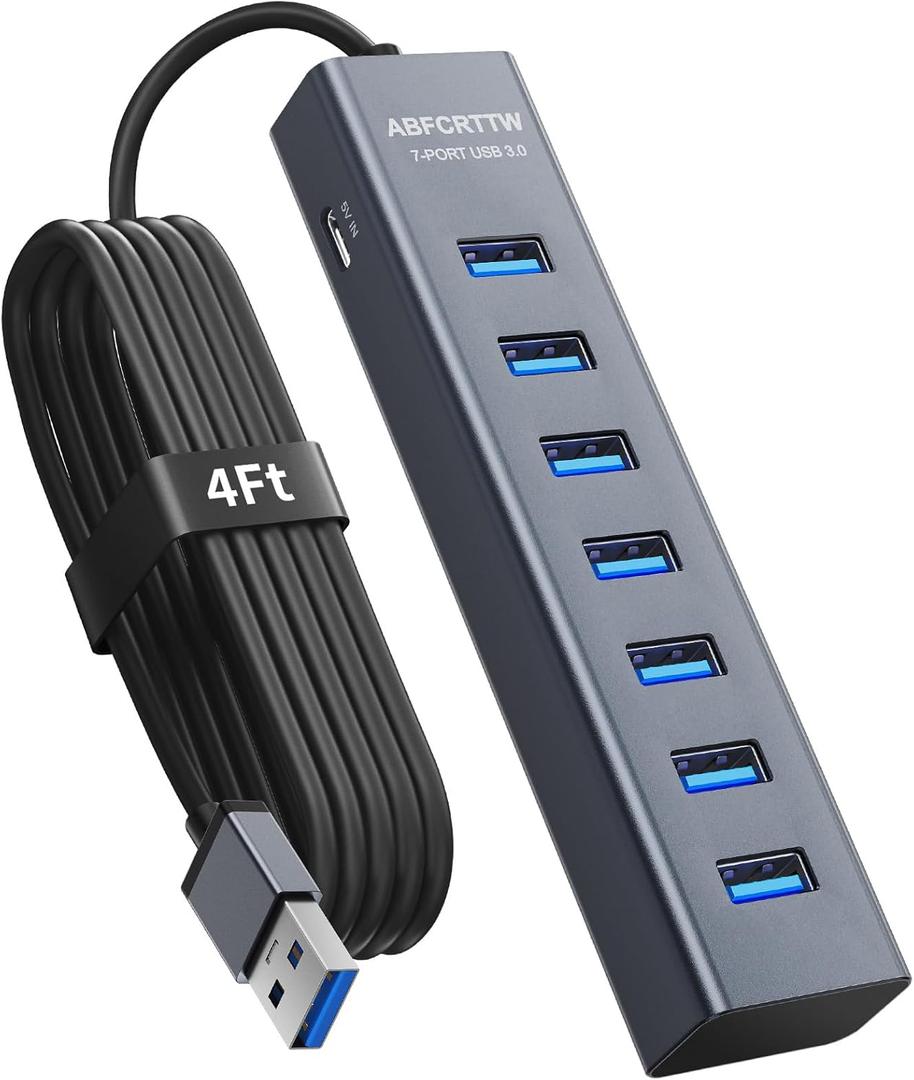 4Ft 7-Port USB 3.0 Hub for Desktop - Aluminium USB Extender Hub 5Gbps, USB Multiport Adapter, USB Splitter, USB Hub Long Cable for Desktop, PC, Flash Drive, Mobile HDD, Windows/XPS, 1.2m