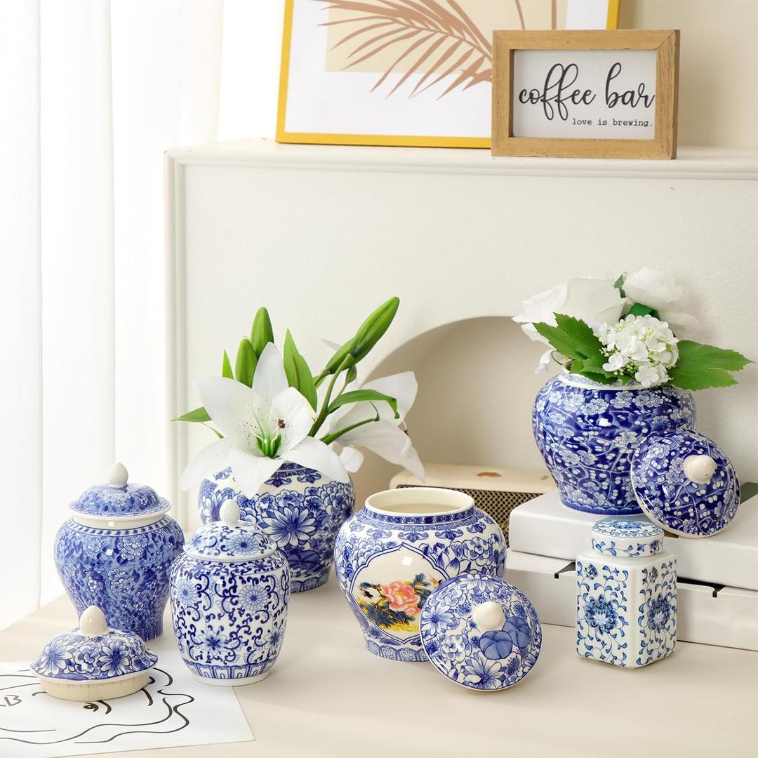 Hushee 6 Pcs Small Blue and White Vase Porcelain Vases Blue Chinoiserie Decor Porcelain Ginger Jars for Home Chinoiserie Decor for Bedroom Living Room Console Table Accent Shelf Tabletop