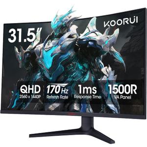 KOORUI 32 inch Curved Gaming Monitor - QHD (2560 x 1440) 2K Display, 170Hz 144Hz Monitor, 1500R Curvature, 1ms, HDR10, Adaptive Sync, Tilt Adjustable, DisplayPort HDMI, Black - 32E6QC