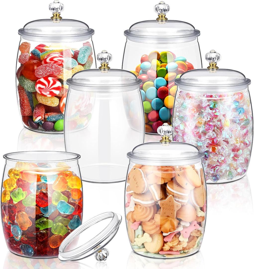 Nuogo 6 Pcs Plastic Candy and Cookie Jar with Lids Decorative Apothecary Jars Candy Buffet Containers Clear Airtight Food Storage Canister Home Decoration(80 oz,Classic)