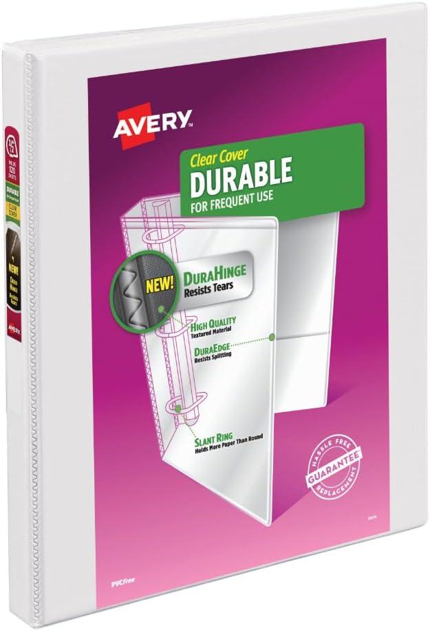 Avery Durable View 3 Ring Binder, 0.5" Slant Rings, 135-Sheet Capacity, 0.7 Inch Wide Spine, Great for Home, School Supplies, Office, or Organization Needs, 1 White Binder (17002)