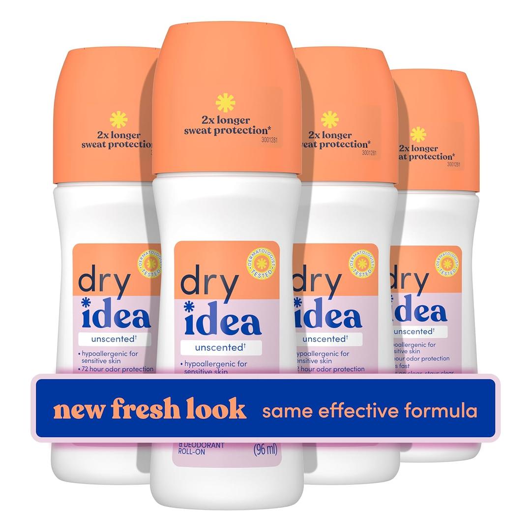 Dry Idea Unscented Roll On Deodorant & Antiperspirant for Women - Hypoallergenic for Sensitive Skin, 2X Longer Sweat Protection, 72Hr Sweat & Odor Protection, Womens Deodorant, 3.25oz (4 Pack)