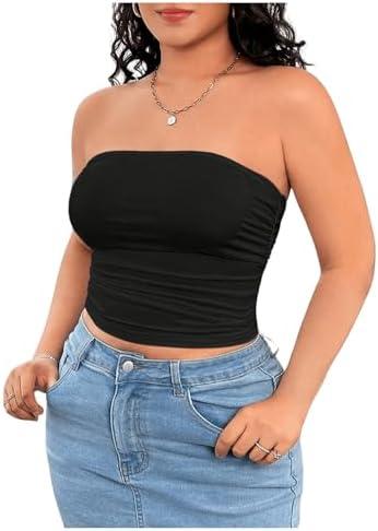 WDIRARA Women's Plus Size Strapless Ruched Crop Tube Tops Summer Slim Fit Sleeveless Bandeau Top, XXXL