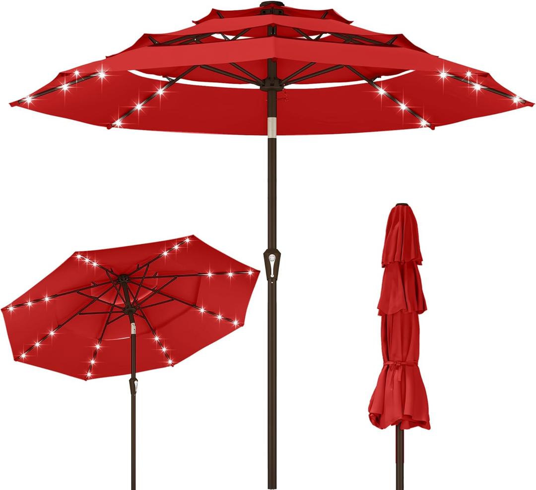 Kingdura 10ft 3-Tier Patio Umbrella with Solar Lights, Table Umbrella Outdoor Patio with Easy Crank & Tilt, 8 Sturdy Ribs, UV Protection, 32 LED Lights for Deck, Poolside, Market (Red)