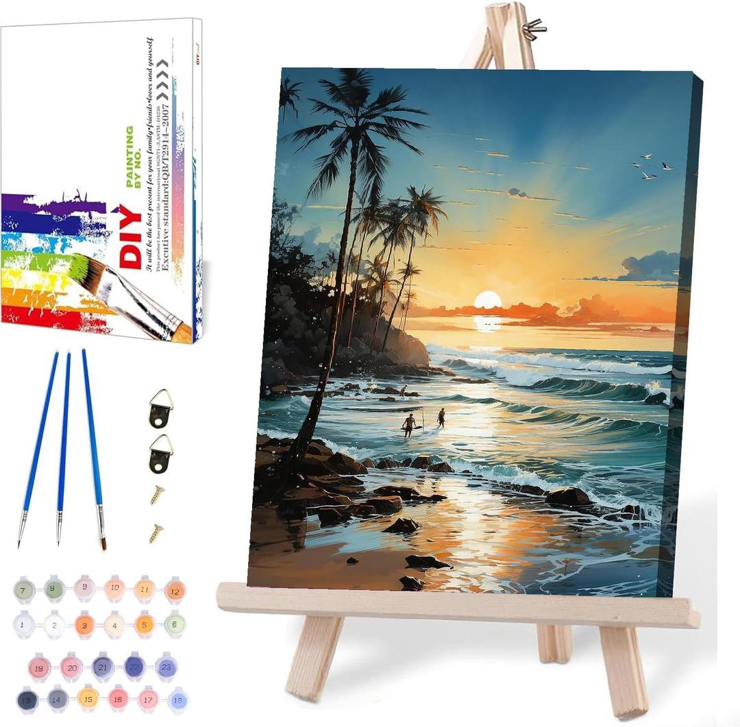 MIRCVSH Beach Paint by Number Kit, Framed Landscape for Adults, 12x16 Inch on Canvas with Wooden Easel (DKH166)