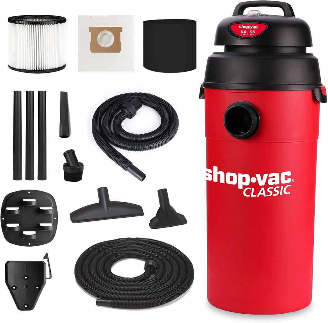 Shop-Vac 5 Gallon 5.5 Peak HP Wet/Dry Vacuum, Wall Mountable Compact Shop Vacuum with 18+7Ft Long Hose & Attachments, Ideal for Jobsite, Garage, Car & Workshop, 9522236