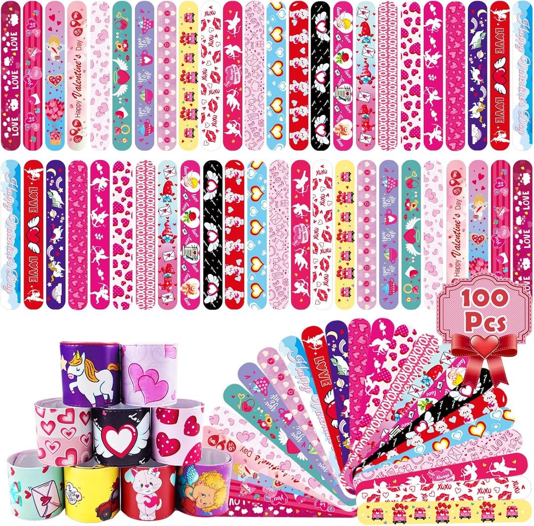 100Pcs Valentine's Day Slap Bracelets, Valentine Party Favors Snap Wristbands for Kids Exchange Gifts, Goodies Stocking Stuffers, Classroom Prizes