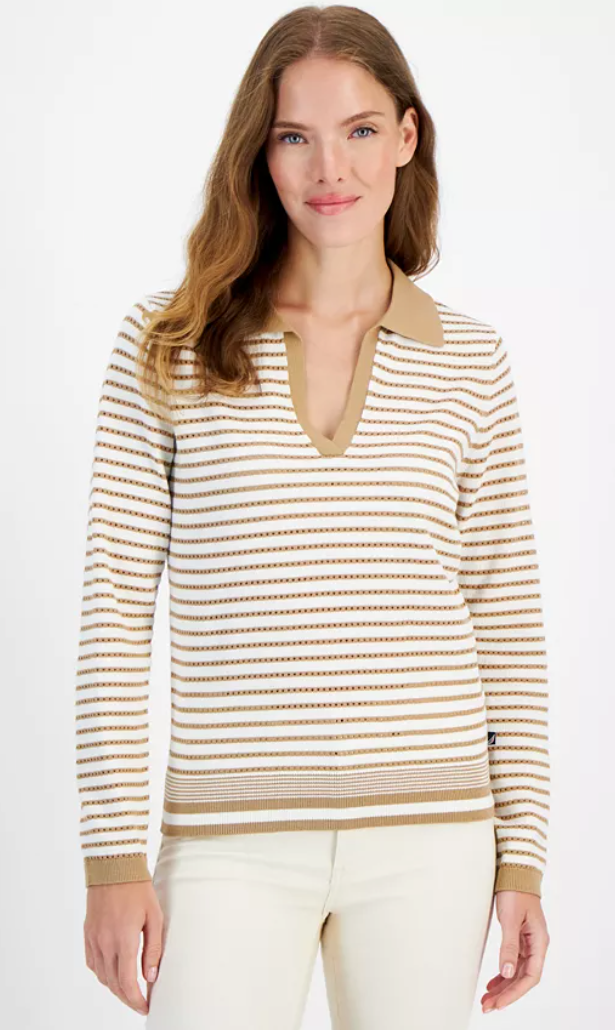 Nautica Jeans
Women's Striped Johnny Collar Long-Sleeve Sweater, Size L