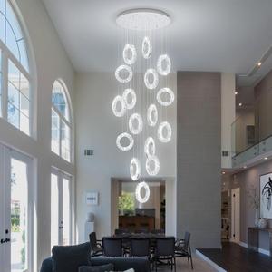 ykolupty High Ceiling Chandelier,Silver Modern Chandelier with 16 Ring Led Foyer Chandeliers Hanging Flush Mount Lighting Fixtures for Staircase,Foyer,Entryway,Living Room, Round 16-Rings