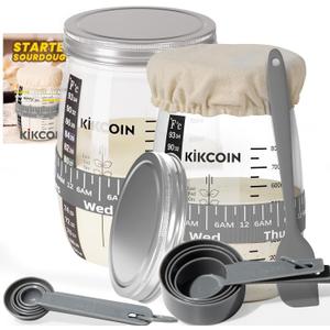 Kikcoin Sourdough Bread Starter Kit - 35oz Large Jar Set of 2 with Marked Feeding Band, Thermometer, Glass Jar for Baker, Bread Baking Supplies, Gray