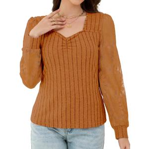 Women's Long Sleeve Shirts Sheer Mesh Lace Flower Dressy Blouses Basic Casual Loose Top (XL)