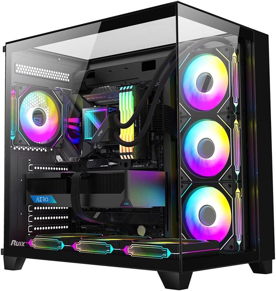 RUIX OV403 ATX Mid-Tower PC Case, Pre-Installed 4 x 120mm Prism ARGB PWM Fans and Graphics Card Holder, Three-Sided Tempered Glass Panels, USB 3.0 & Type-C Ports, Gaming Computer Case - Black