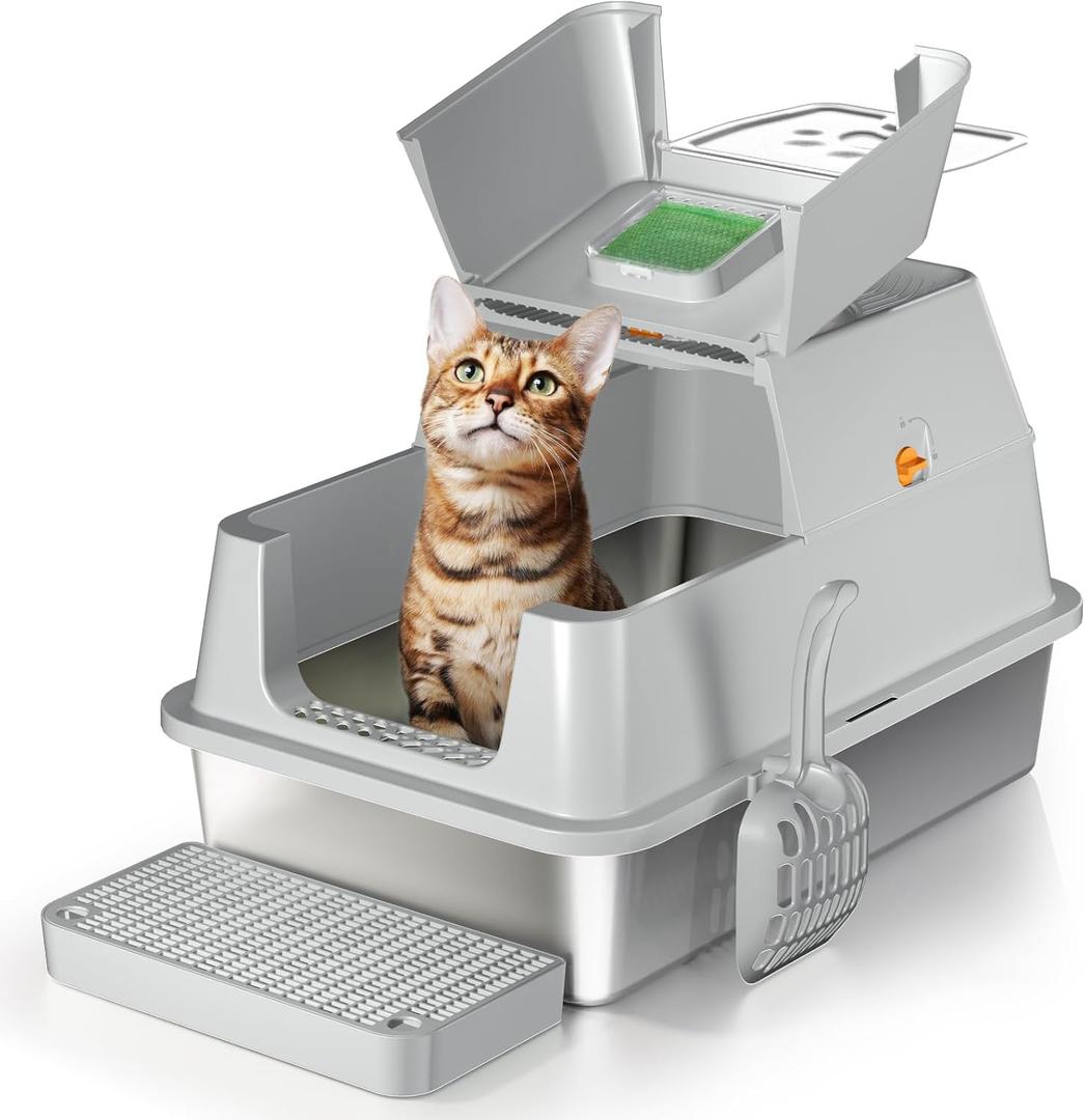 Eosarcu Stainless Steel Cat Litter Box with Lid, 180 Flip-Top XL Extra Large Enclosed Litter Box, Covered Metal High Sided Litter Pan with Steps & Scoop, Easy Cleaning, Odor Control, Non-Sticky-Grey