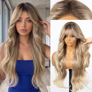 KOME Ombre Blonde Synthetic Lace Front Wig, T Part Glueless Layered Wavy Wigs With Bangs, Heat Resistant Wigs For Women Daily Party Use 26IN