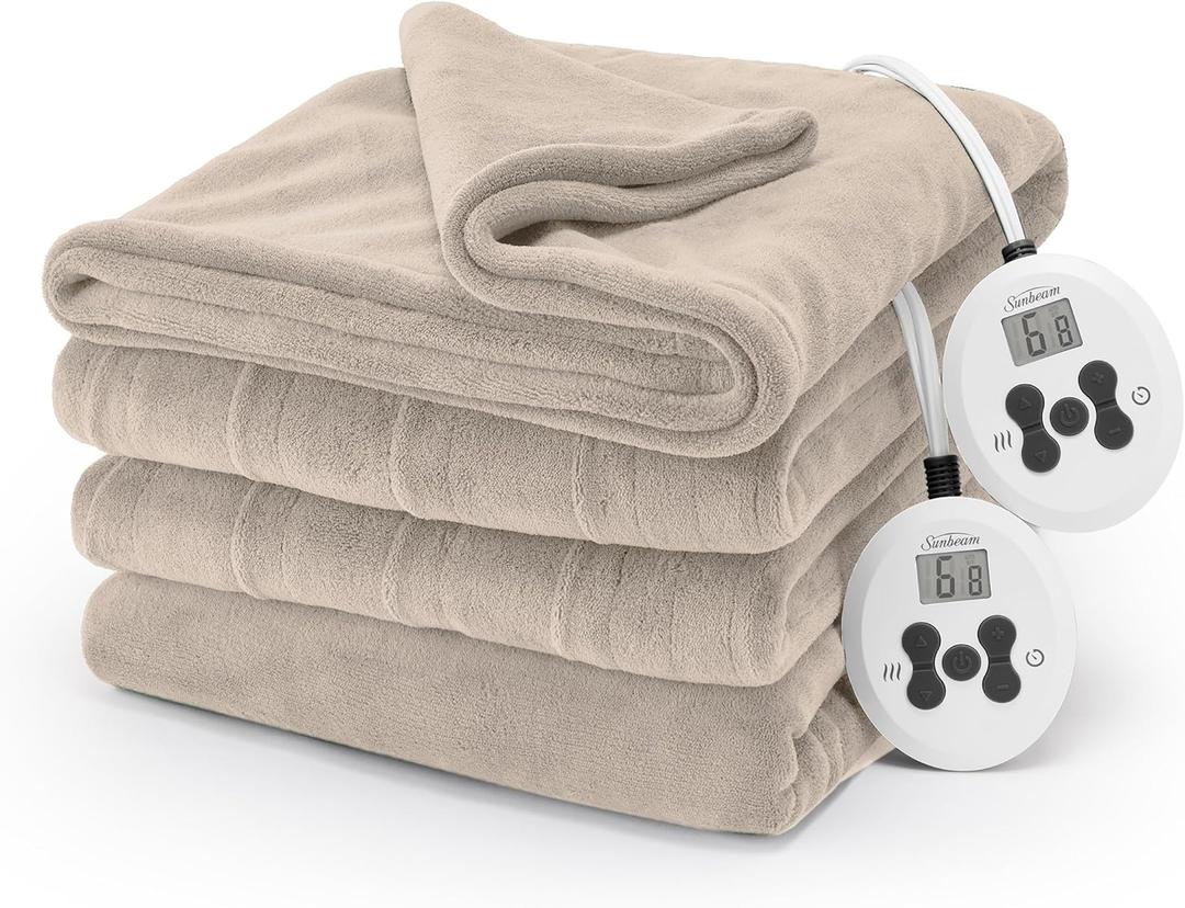 Sunbeam Electric Royal Luxe Microplush Heated Blanket 12 Heat Settings, 12-Hour Selectable Auto Shut-Off, Fast Heating, Warm and Cozy, Sandstone Color, Queen, 90" x 84" (Queen (90" x 84"), Sandstone)