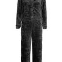 Womens Faux Fur 2PCS Lounge Wear Zip Up Tracksuits Ladies Fleece Fluffy Hooded (Small, Black)